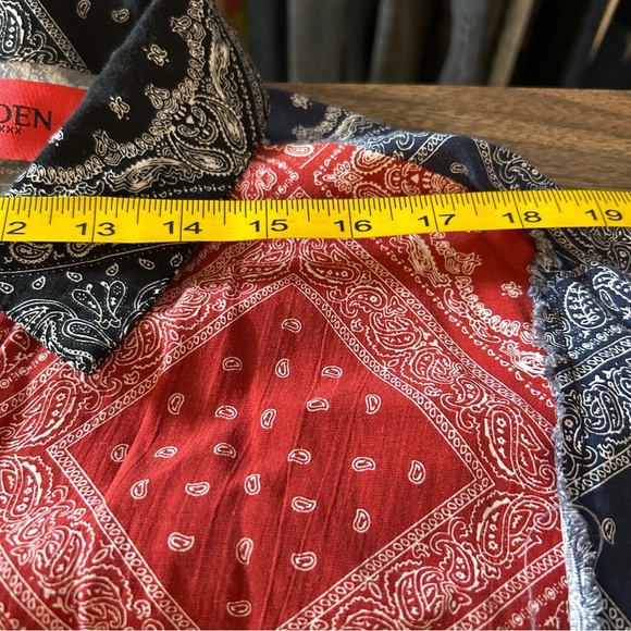 EDEN Distressed Alternative Patchwork Paisley Red Black And Blue Mens Shirt L - Picture 9 of 11